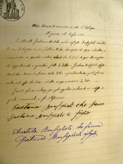 Bonfiglioli Gaetano e Aristide. Dichiarazione inizio attività. 6 luglio 1883 