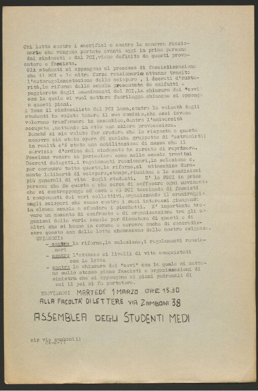 [Assemblea degli studenti medi per martedì 1 marzo 1977]