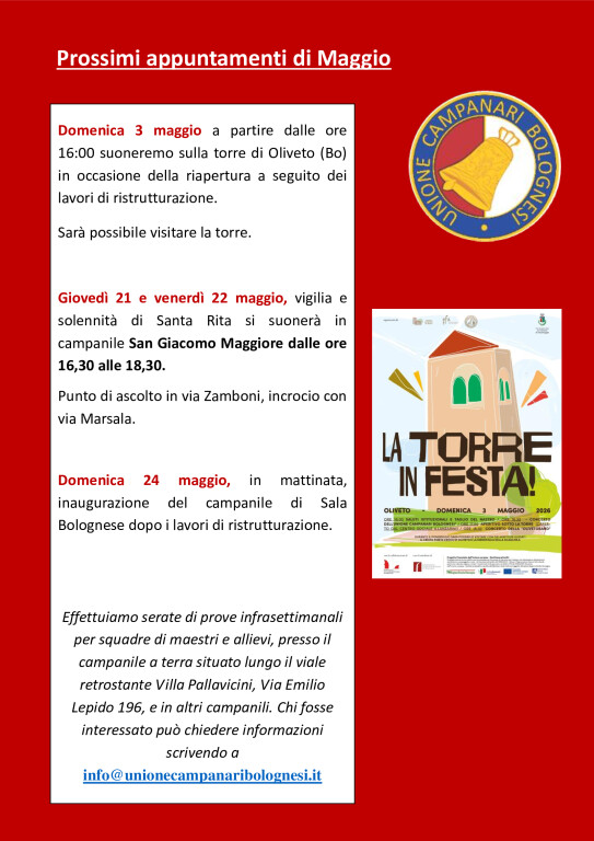 PROSSIMI APPUNTAMENTI MAGGIO 2026