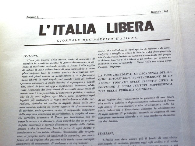 Copia di "Italia libera", giornale del Partito d'Azione - Fonte: Mostra "Giorgio Bassani: Officina bolognese (1934-1943)" - Archiginnasio - 2016