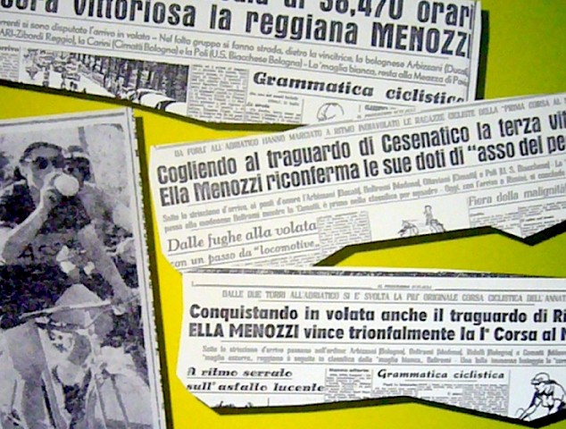 Ritagli di giornale d'epoca con resoconti sulla Corsa al Mare femminile - esposti nella Mostra per il 60 anni dell'UISP, Bologna, 2008