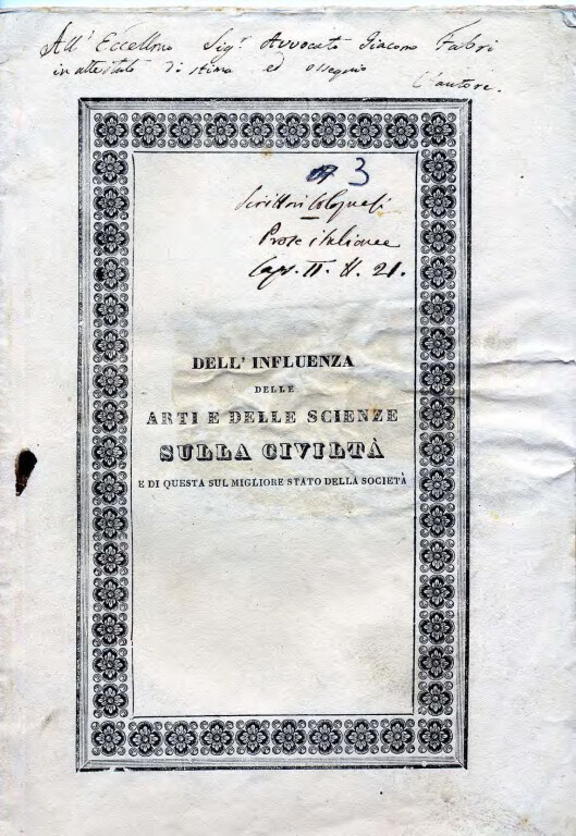 copertina di Dell'influenza delle arti e delle scienze sulla civiltà e di questa sul migliore stato della società