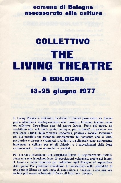 Locandina dello spettacolo del Living Theatre a Bologna