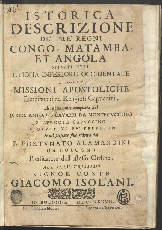copertina di Giovanni Antonio Cavazzi, Istorica descrizione de' tre' regni Congo, Matamba, et Angola (1687)