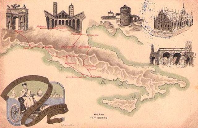 Cartolina che raffigura il percorso del Giro d'Italia in automobile del 1901 