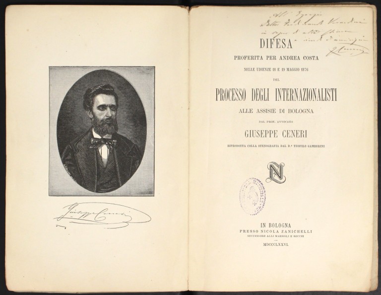 Difesa proferita per Andrea Costa nelle udienze 18 e 19 maggio 1876 del processo degli internazionalisti alle Assisie di Bologna dal prof. avvocato Giuseppe Ceneri (1876)