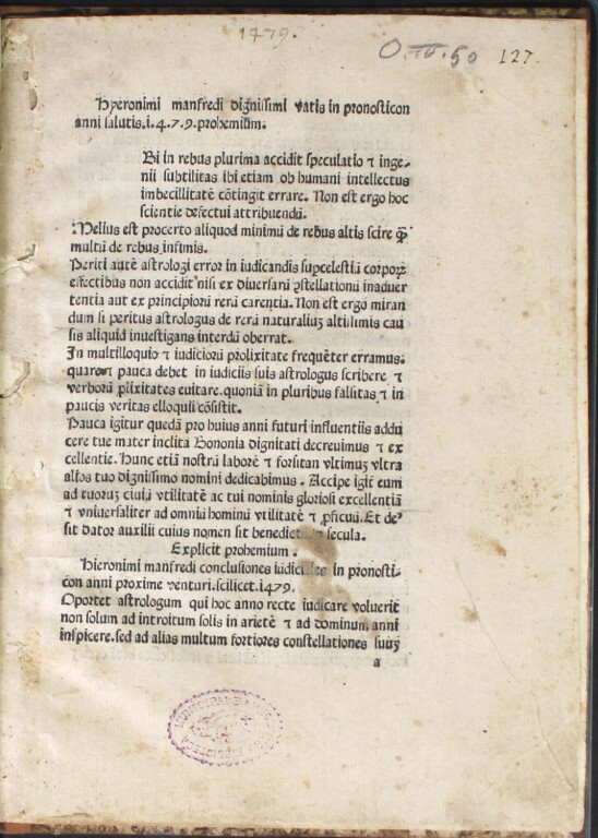 Manfredi, Girolamo Hieronimi manfredi dignissimi vatis in pronosticon anni salutis 1479. ..