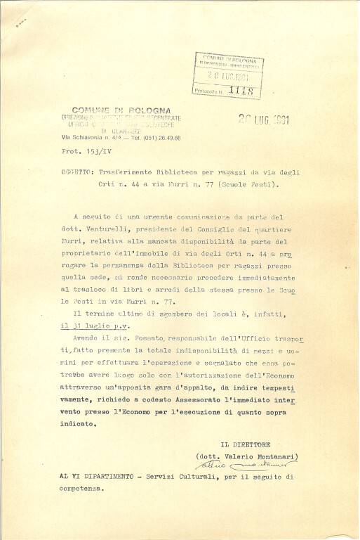 Trasferimento Biblioteca per ragazzi da via degli Orti n. 44 a via Murri n. 77 (20 luglio 1981)