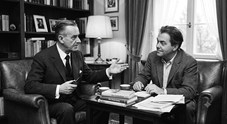 Immagine ideale dei due scrittori di lingua tedesca Thomas Mann e Max Frisch in dialogo fra loro in un salotto. L'immagine serve a introdurre al primo incontro del nuovo ciclo di letture del gruppo di lettura Bi.Sca.