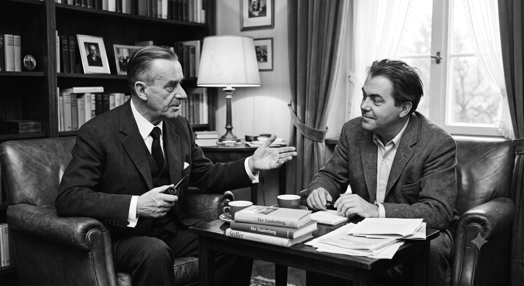 Immagine ideale dei due scrittori di lingua tedesca Thomas Mann e Max Frisch in dialogo fra loro in un salotto. L'immagine serve a introdurre al primo incontro del nuovo ciclo di letture del gruppo di lettura Bi.Sca.