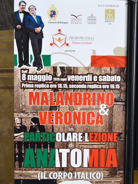 Il duo Malandrino e Veronica in uno spettacolo comico del 2015 all'Archiginnasio (BO)