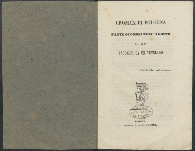 image of Cronica di Bologna. Fatti occorsi nell'agosto del 1848 raccolti da un veterano (1848)