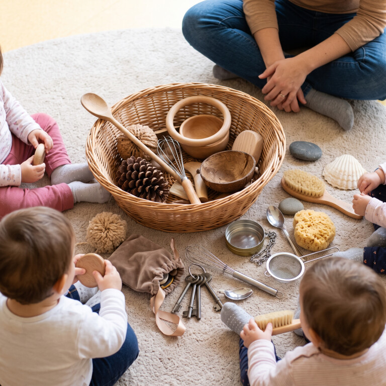 Inquadratura dall'alto e di spalle di bambini piccoli seduti a terra attorno a un grande cesto di vimini colmo di oggetti naturali e d'uso quotidiano, come cucchiai di legno, spazzole, pigne, spugne naturali e utensili di metallo, con un adulto seduto accanto che li osserva.