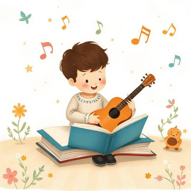 Illustrazione poetica su sfondo chiaro di un bambino seduto a gambe incrociate sopra un grande libro aperto posato a terra. Il bambino sorride mentre stringe tra le braccia una piccola chitarra acustica. Attorno a lui fluttuano note musicali arancioni, verdi e azzurre, piccole stelle e fiori colorati che spuntano dal terreno, insieme a un piccolo e buffo personaggio fantastico sulla destra.