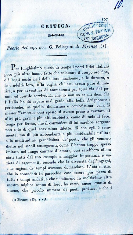 copertina di Poesie del sig. avv. G. Pellegrini di Firenze [recensione]
