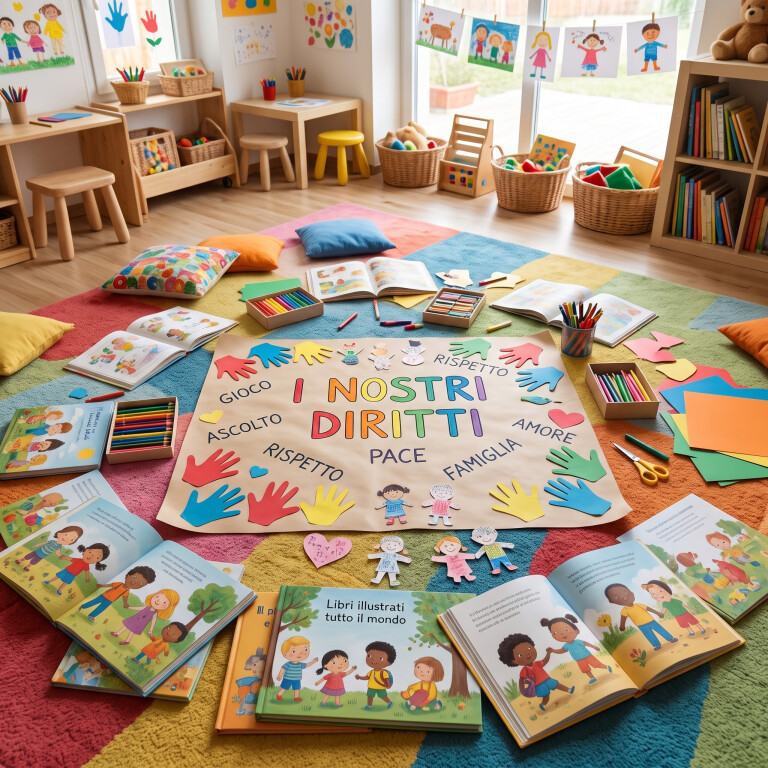Inquadratura dall'alto di un angolo accogliente di un'aula con un grande tappeto colorato, dove sono sparsi libri illustrati aperti e un grande cartellone con la scritta 'I NOSTRI DIRITTI', circondata da parole come 'gioco', 'rispetto', 'ascolto', 'pace', 'famiglia' e 'amore', insieme a sagome colorate di manine e bambini di carta, pastelli e materiali creativi