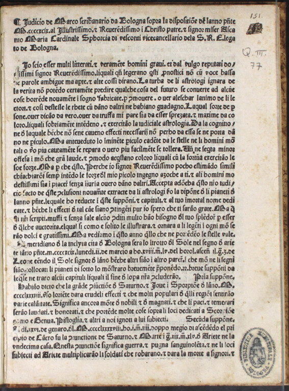 Scribanario, Marco Iudicio de Marco scribanario da Bologna sopra la dispositione de lanno [!] presente 1499 