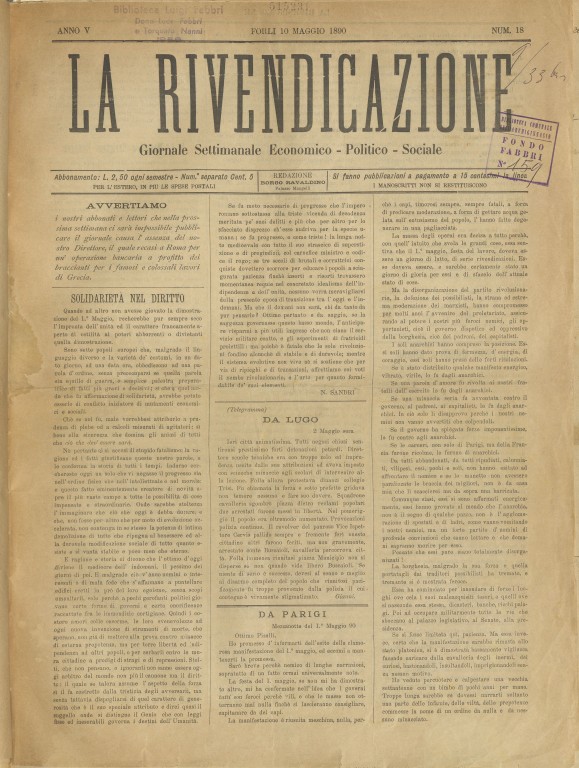 «La Rivendicazione», 10 maggio 1890