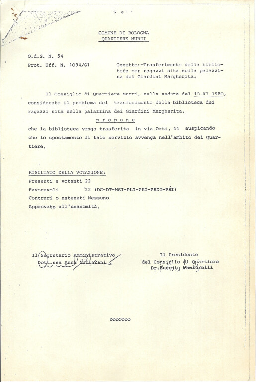 Votazione del Consiglio di quartiere Murri per il trasferimento della biblioteca per ragazzi in via degli Orti, 44 (10 novembre 1980)