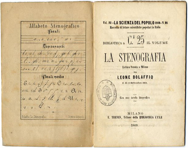 	 Leone Bolaffio, La Stenografia: lettura tenuta a Milano da Leone Bolaffio il dì 16 settembre 1869. Milano, E. Treves, 1869 (BCABo, 14. Tecnologia Z3, 62)