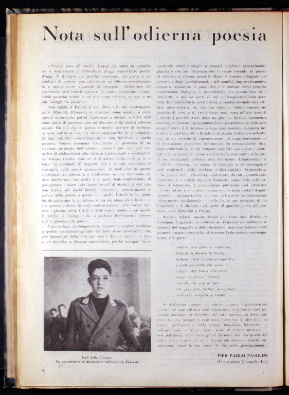 Pier Paolo Pasolini, Nota sull’odierna poesia, «Gioventù italiana del Littorio. Bollettino del Comando federale di Bologna»