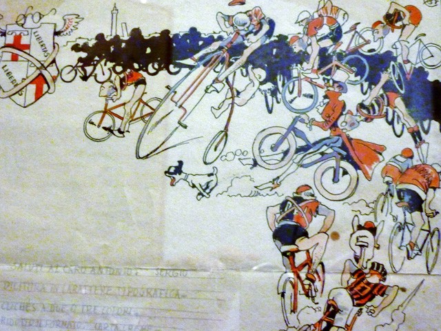 Disegno dedicato agli albori del ciclismo agonistico a Bologna 