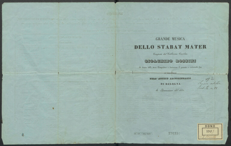 immagine di Grande musica dello Stabat Mater composta dal celeberrimo cavaliere Gioachino Rossini che diretta dallo stesso compositore e destinatone il provento a caritatevole fine si eseguisce nell'antico Archiginnasio di Bologna la Quaresima del 1842