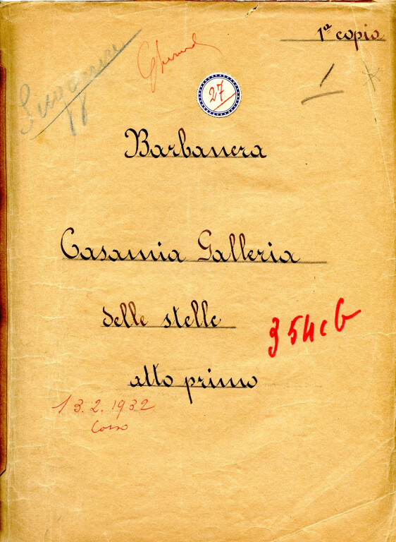 G. Gherardi, "Barbanera, Casamia, Galleria delle stelle", copione, 1932