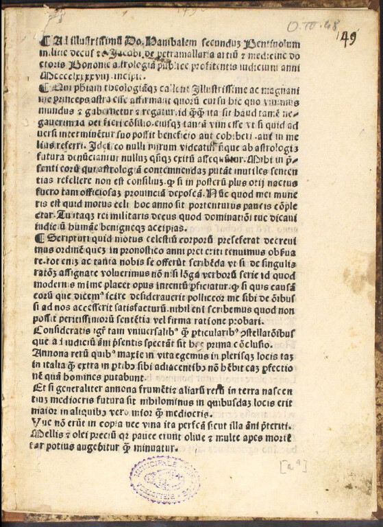 Pietramellara, Giacomo Ad illustrissimum do. Hanibalem secundum Bentiuolum milicie decus &c Iacobi de petramallaria artium & medicine doctoris, Bononie astrologiam publice profitentis iudicium anni 1498 .. 