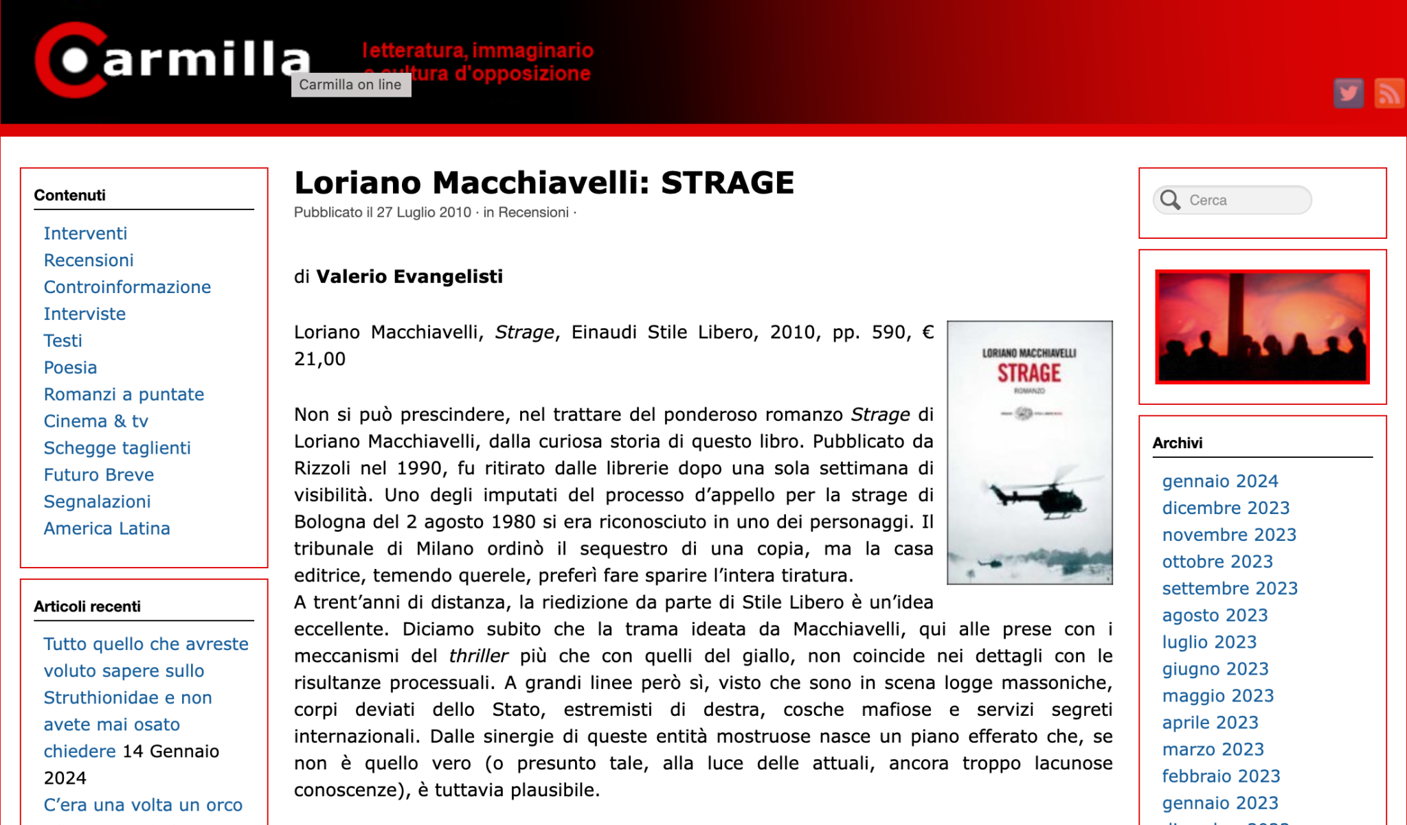 Valerio Evangelisti, recensione di "Strage" (2010)